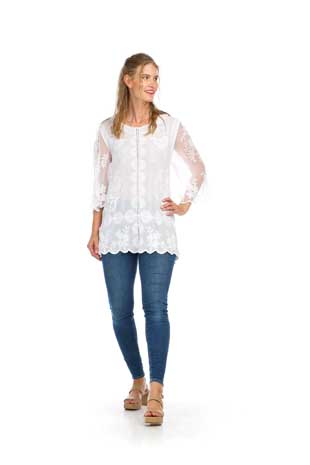 PT-16095 - EMBROIDERED BLOUSE WITH MESH SLEEVES - Colors: AS SHOWN - Available Sizes:S-XL - Catalog Page:51 